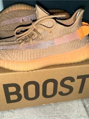 Yeezy Tan Knit Sneakers with Orange Accent